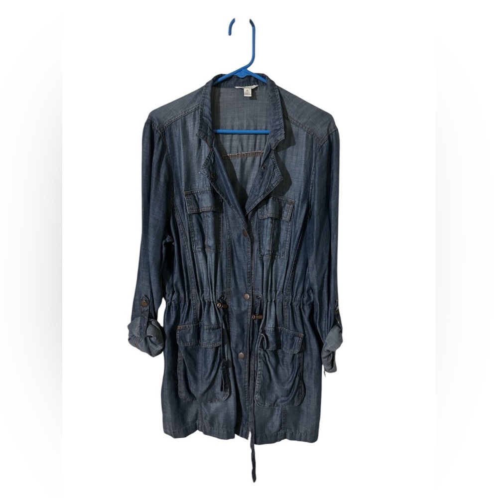 Cato size XL, soft denim, button down cargo jacket, draw string